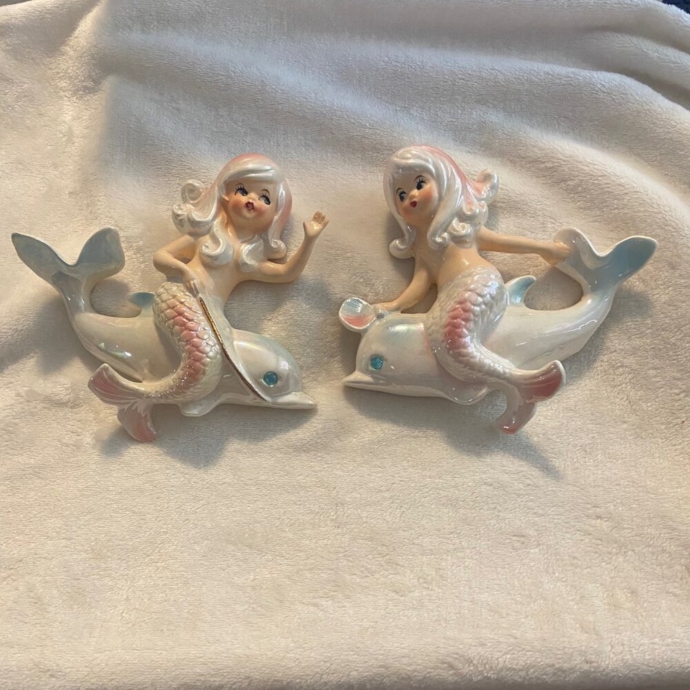 Lefton ~ Vintage Set of 2 Mermaids Riding Dolphins w/Blue Rhinestone Eyes ~ 6445